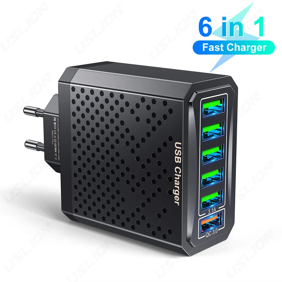 Зарядное устройство USB 6 в 1, быстрая зарядка 3,0, вилка EU/US/KC/UK, адаптер для телефона, быстрая зарядка для iPhone 14, портативное настенное зарядное устройство USB для мобильного телефона