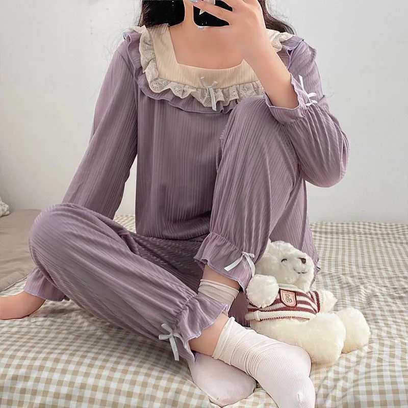 Women's Pajamas Set Sleepwear Cute Sweet Bow Princess Elastic Full-Sleeve Flower Print Pyjama Autumn Fashion Homewear Big Size