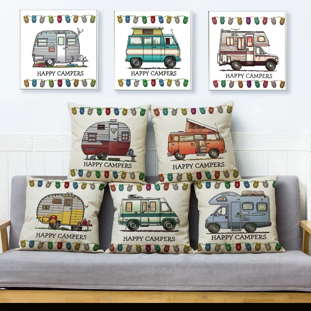 

House Travel Car Happy Camper Pillow Case Decor Cartoon Van Life Cushion Cover for Sofa Home Children Room Pillowcase 45x45cm