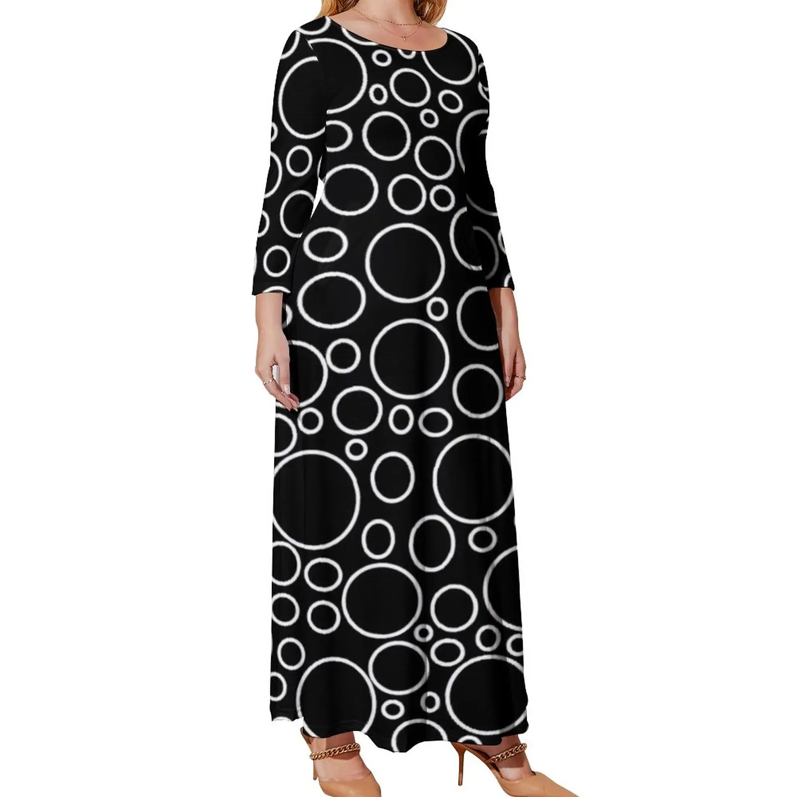 

Женское платье-макси с длинным рукавом, черное платье с круглым вырезом и принтом