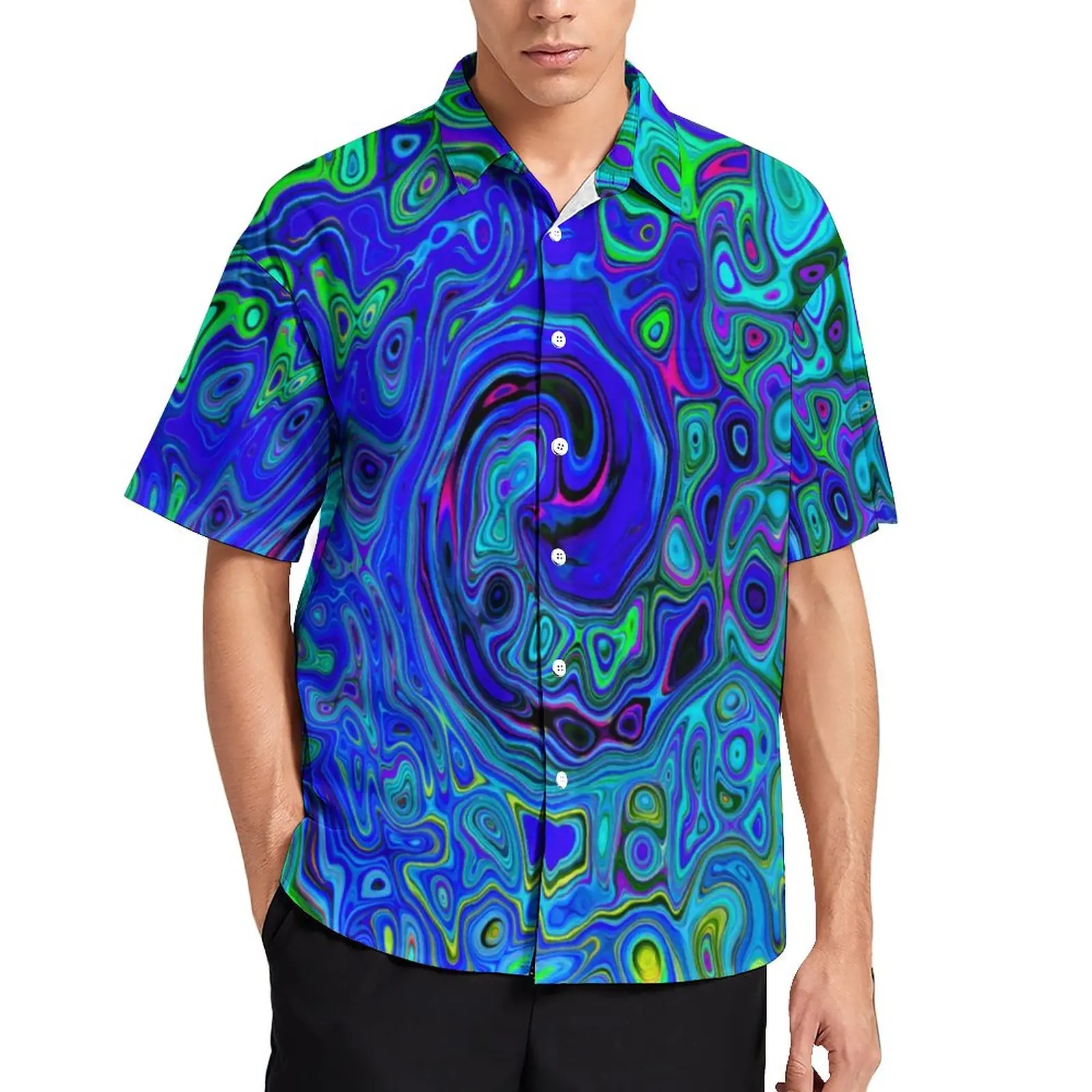 

Retro Liquid Swirl Casual Shirts Blue Abstract Print Beach Shirt Hawaii Y2K Blouses Mens Custom Large Size