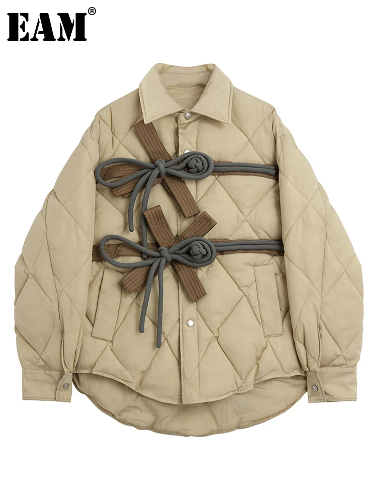 

[EAM] Apricot Big Size Warm Cotton-padded Coat Long Sleeve Loose Fit Women Parkas Fashion Tide New Autumn Winter 2022 1DE4908