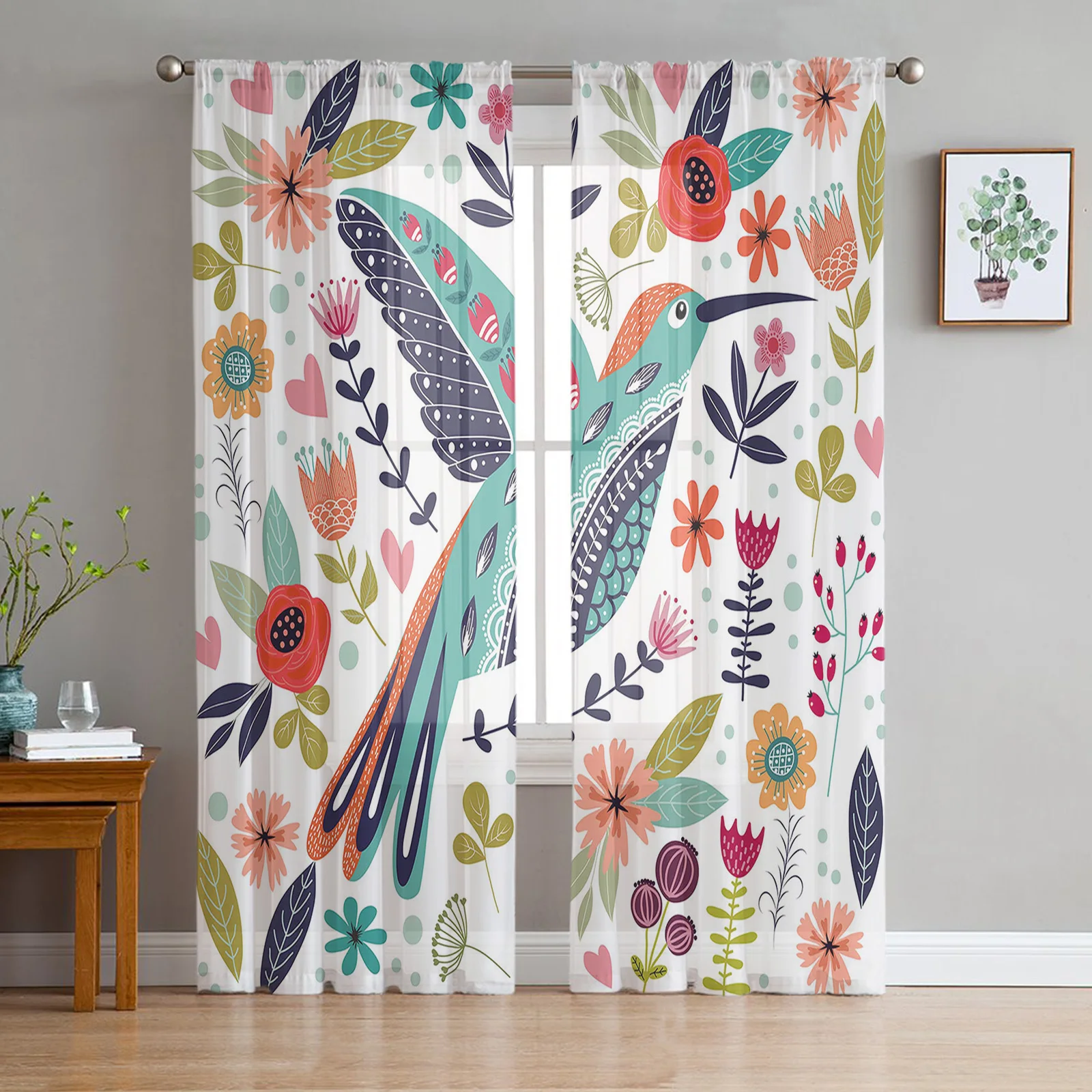 

Birds Flowers Leaves Window Sheer Curtains Tulle for Living Room Bedroom Kitchen Voile Drapes Home Decoration Window Treatment