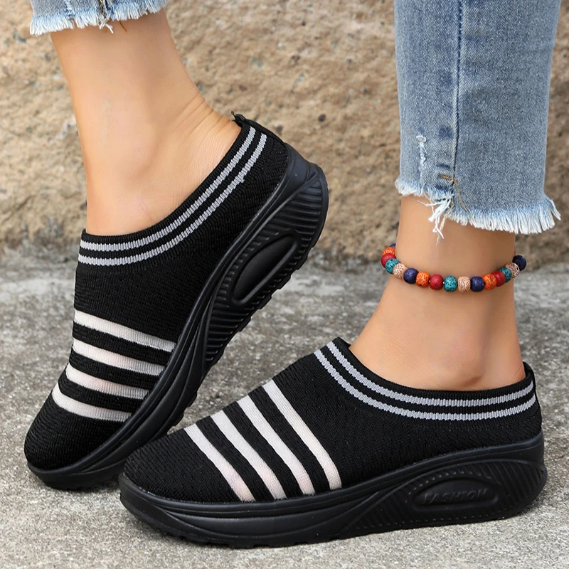 

Fashion Striped Knitted Loafers Shoes for Women Slip On Casual Walking Shoes Woman Breathable Platform Wedge Sneakers Large Size