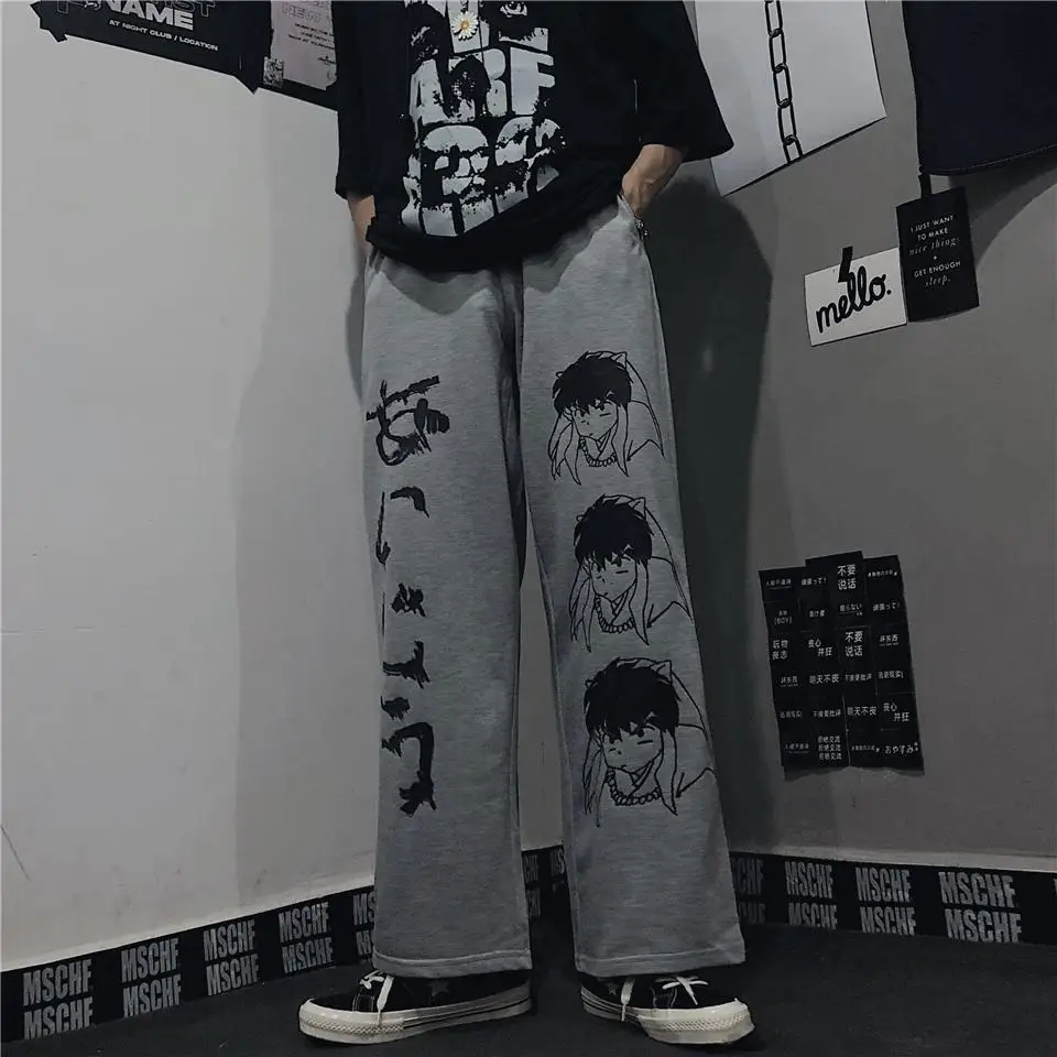 

Women's Clothes Harajuku Anime Print Straight Wide Leg Pants Hippie Streetwear Black Sweatpants Korean Style Oversized Trousers