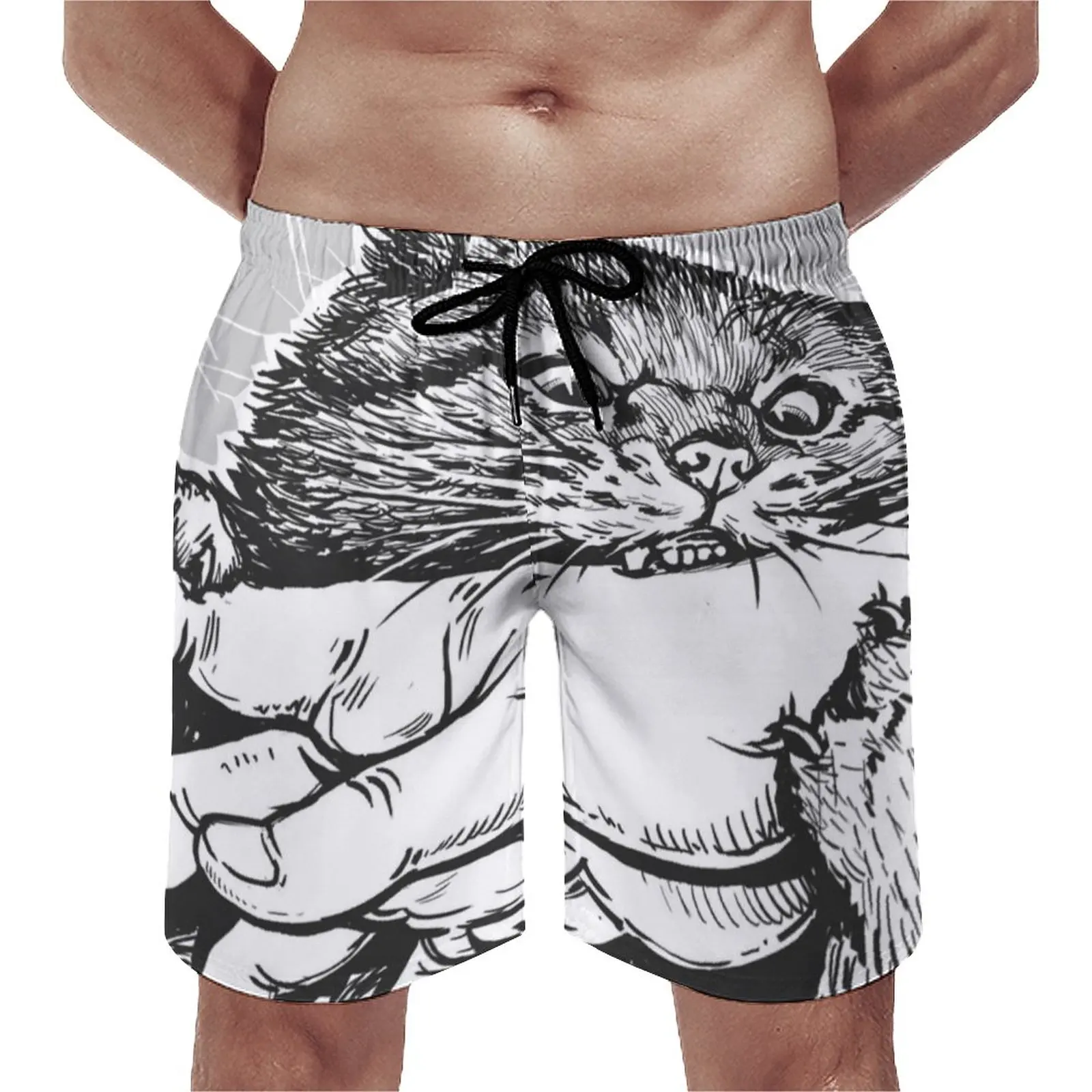 

Mega Bite Crazy Cat Board Shorts Hot Black White Printed Beach Shorts Males Drawstring Funny Swimming Trunks Big Size