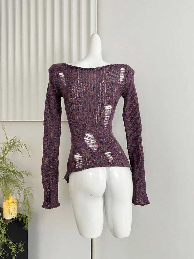 Женский фиолетовый пуловер рваный свитер в стиле Харадзюку вязаные свитера с