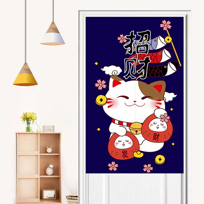Льняная занавеска на дверь в японском стиле с принтом счастливого кота