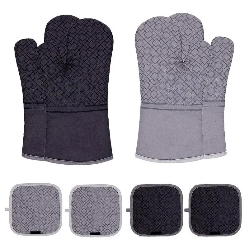 

Cooking Mitts Non-Slip Extra Long Potholders BBQ Gloves Cooking Mittens With 2pcs Insulated Pads 2pcs Gloves For Baking Cooking