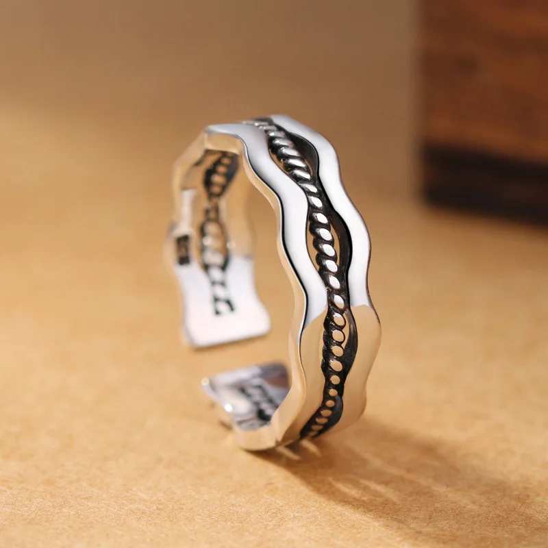 

TULX Minimalist Silver Color Open Rings for Women New Fashion Vintage Wave Geometric Resizable Birthday Party Jewelry Gifts