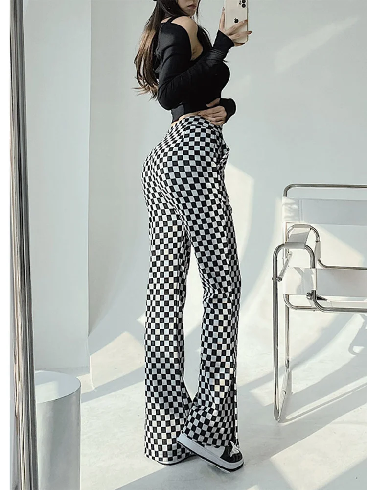 

New Sweet 2022 Fashion High Street Slim Straight Flared Pants Retro Black And White Chessboard Design Side Slit Women's JDJ4