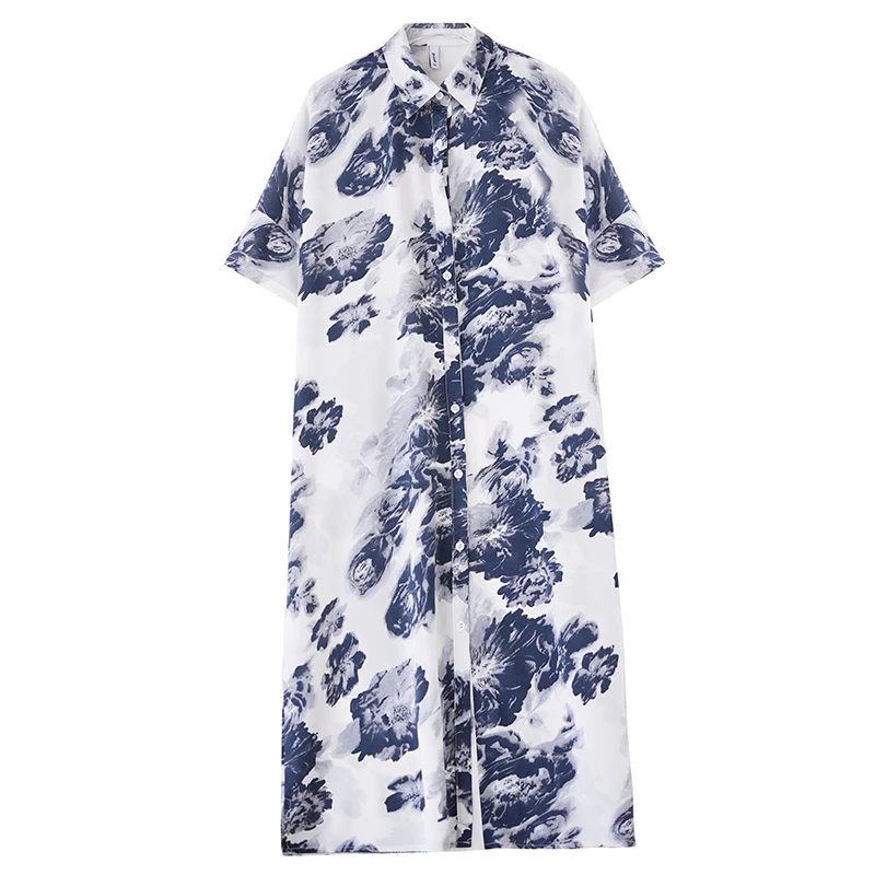 Женское шифоновое платье-рубашка с принтом повседневное свободное в Корейском