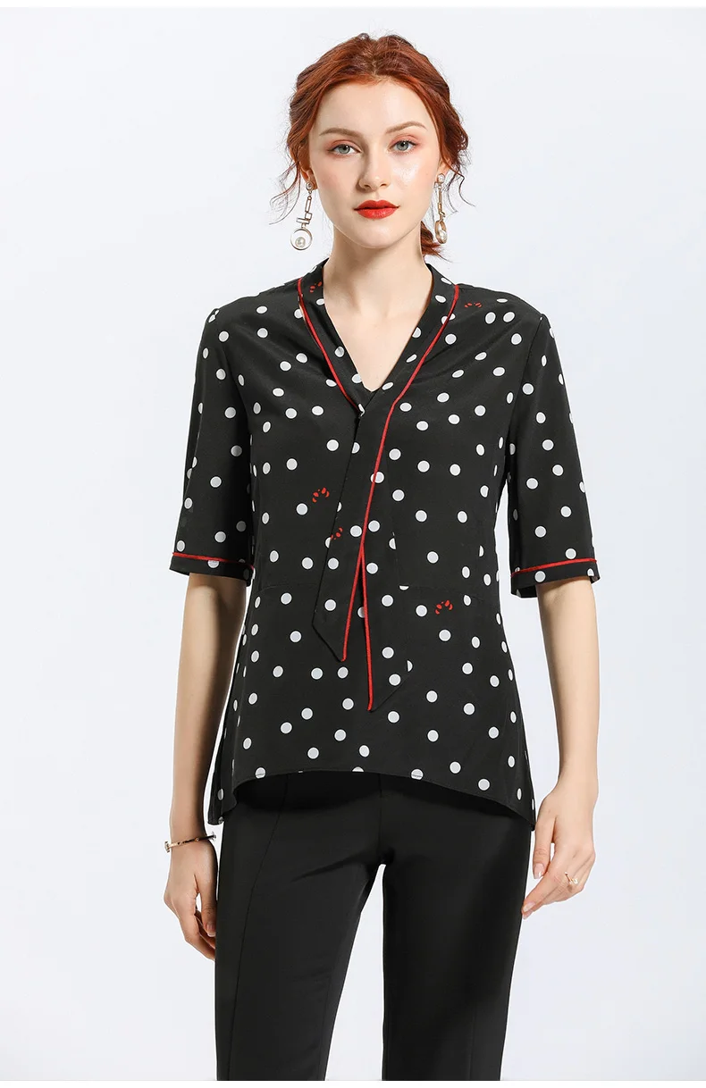 

Gowani Summer Fashion Silk Polka Dot Shirt Women's Elegant Slim Short Sleeve Silk Top V-Neck Ribbon Bow All-match Black