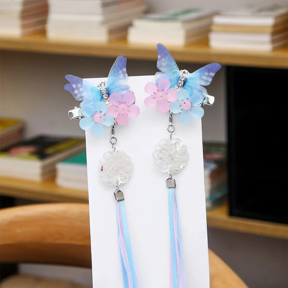 

2pcs/set 3D Hair Clip Blue Pink Color Retro With Tassel Hanfu Chinese Style Headdress Adults Children Durable Elegant Hair Clip