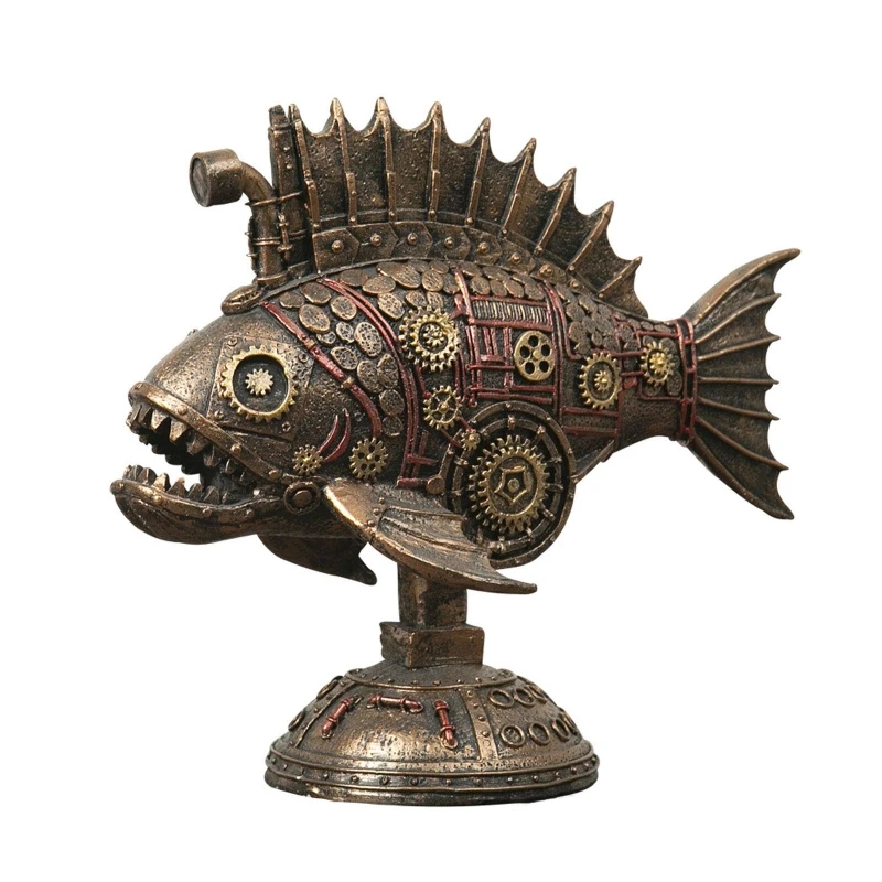 

XX9B Antique Steampunk Gear Fish Figurines Black Fish Industrial Style Sculpture Collectible Fantasy Figurine for Office Shop