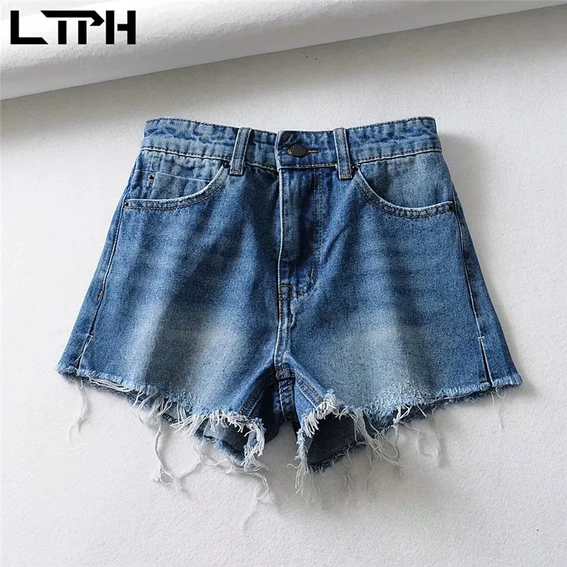 LTPH korean fashion ins denim shorts women high waist side slits vintage do old burrs jeans casual streetwear 2023 autumn new