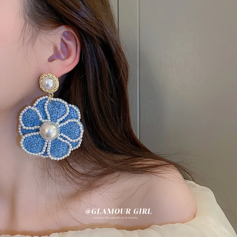 

2022 New Bohemian Blue Big Cloth Flower Earrings For Women Statement Jewelry Handmade Pearl Exaggerated Retro Pendientes