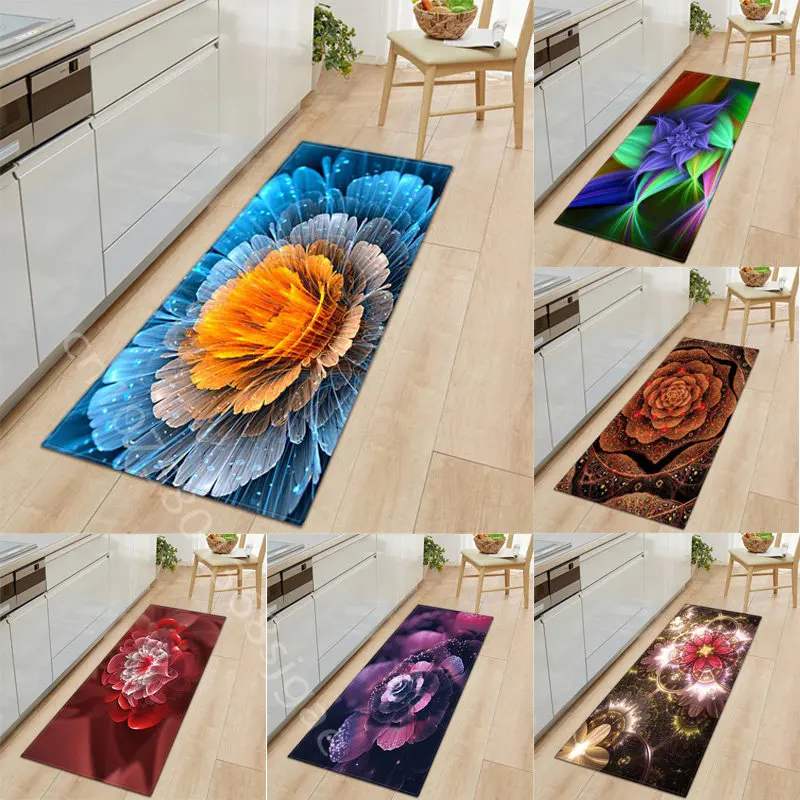 

3D Flower Kitchen Carpet Non Slip Hallway Rugs Living Room Floor Mat for Home Bedroom Decoration Soft Flannel Bedside Area Rug