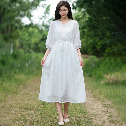 Embroidery Solid Half Sleeve Brief Loose Soft Cozy Fashion Women Spring Summer Elegant  Dress Office Lady Work Dresses Clothing