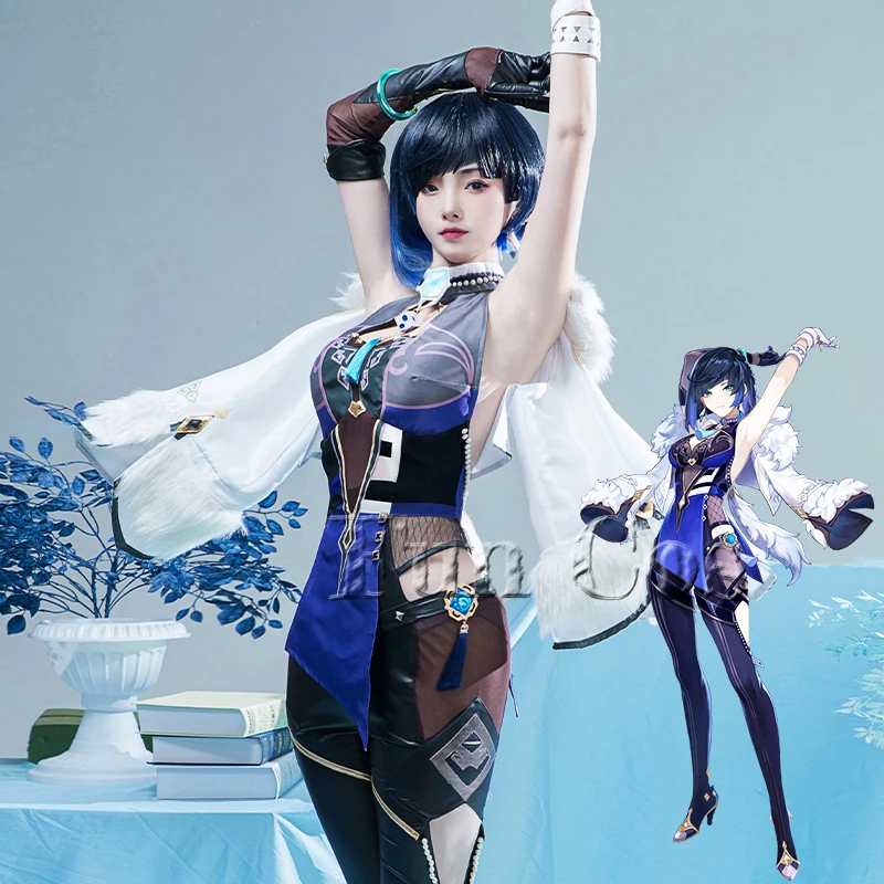 

Game Genshin Impact Yelan Cosplay Costume Wig Earrings Short Blue Gradient Hair Night OrchidSuit Uniform Props Set Accessories