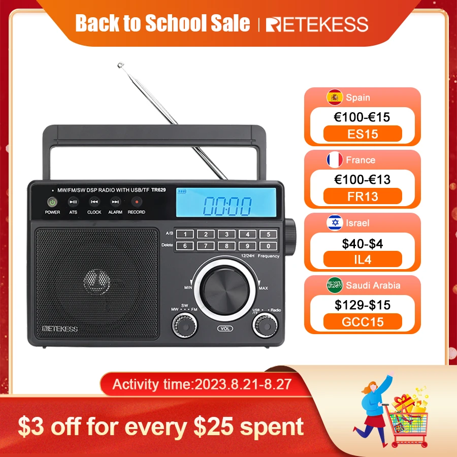 Retekess TR629 Portable Radios AM FM SW Rechargeable All Wav