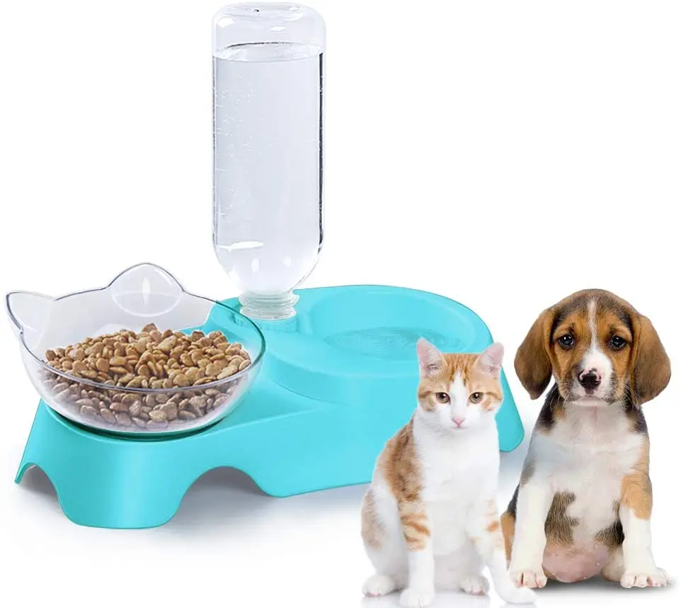 

Double Dog Cat Bowls-Pets Water and Food Bowl Set,15°Tilted Water and Food Bowl Set with Automatic Waterer Bottle for Dogs Cats