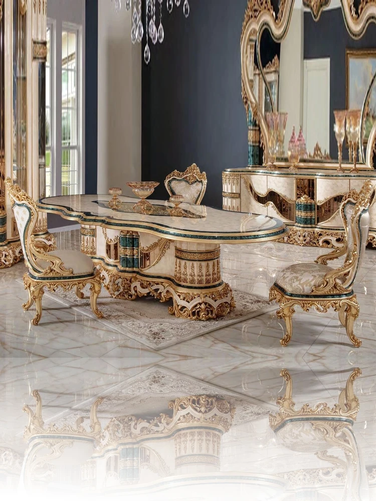 

European style dining table and chair combination French palace villa solid wood dining table carved furniture customization