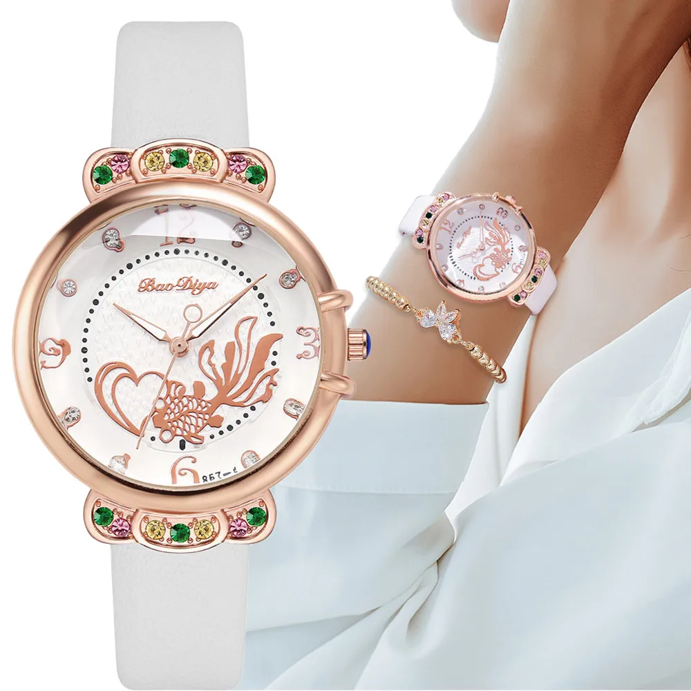 

Luxury diamond Setting Women Fashion Watches Openwork Goldfish Dial Ladies Casual White Leather Wristwatches Woman Quartz Watch