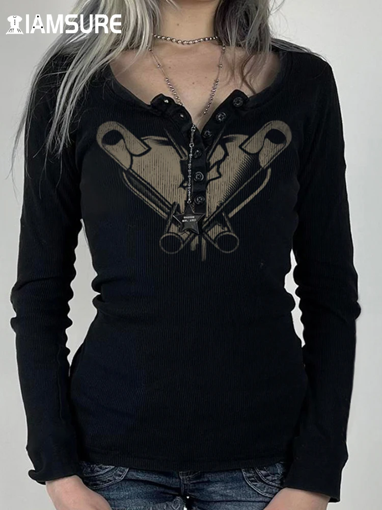 

IAMSURE Dark Casual Printed T Shirt Vintage Basic O-Neck Long Sleeve Tees Women 20233 Autumn Winter Fashion Ladies Streetwear