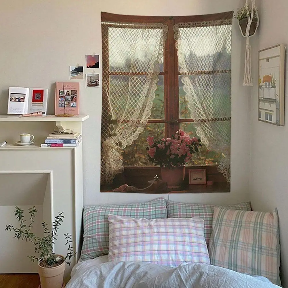 

American Pastoral Retro Style Made Old Window Tapestry Tapestry Wall Hanging Wall Home Room Farmhouse Background Decor Tape Q1v4