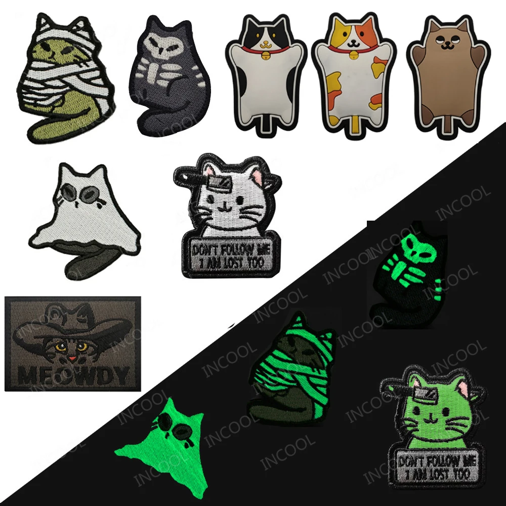 Симпатичные нашивки с вышивкой в виде кота, кошка, светится в темноте, не следуйте за мной, я потерялся, котенок, ПВХ резиновые наклейки с аппликацией, значки