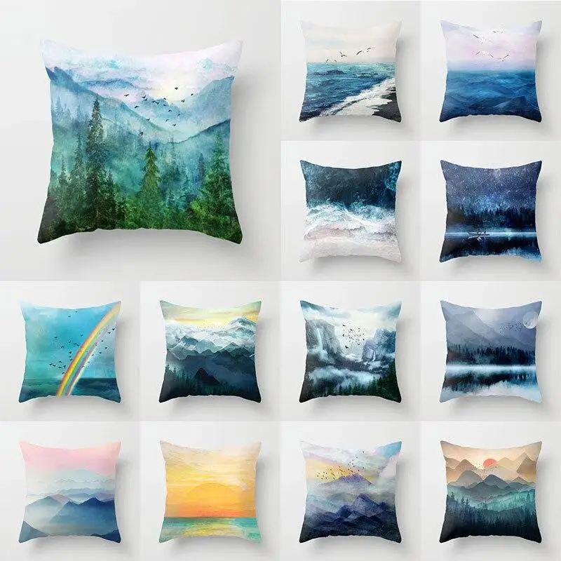 

Abstract Pillow Case Watercolor Blue Pillowslip Ocean Mountain Throw Pillows Cover Decorative Cushion Cover Home Supply