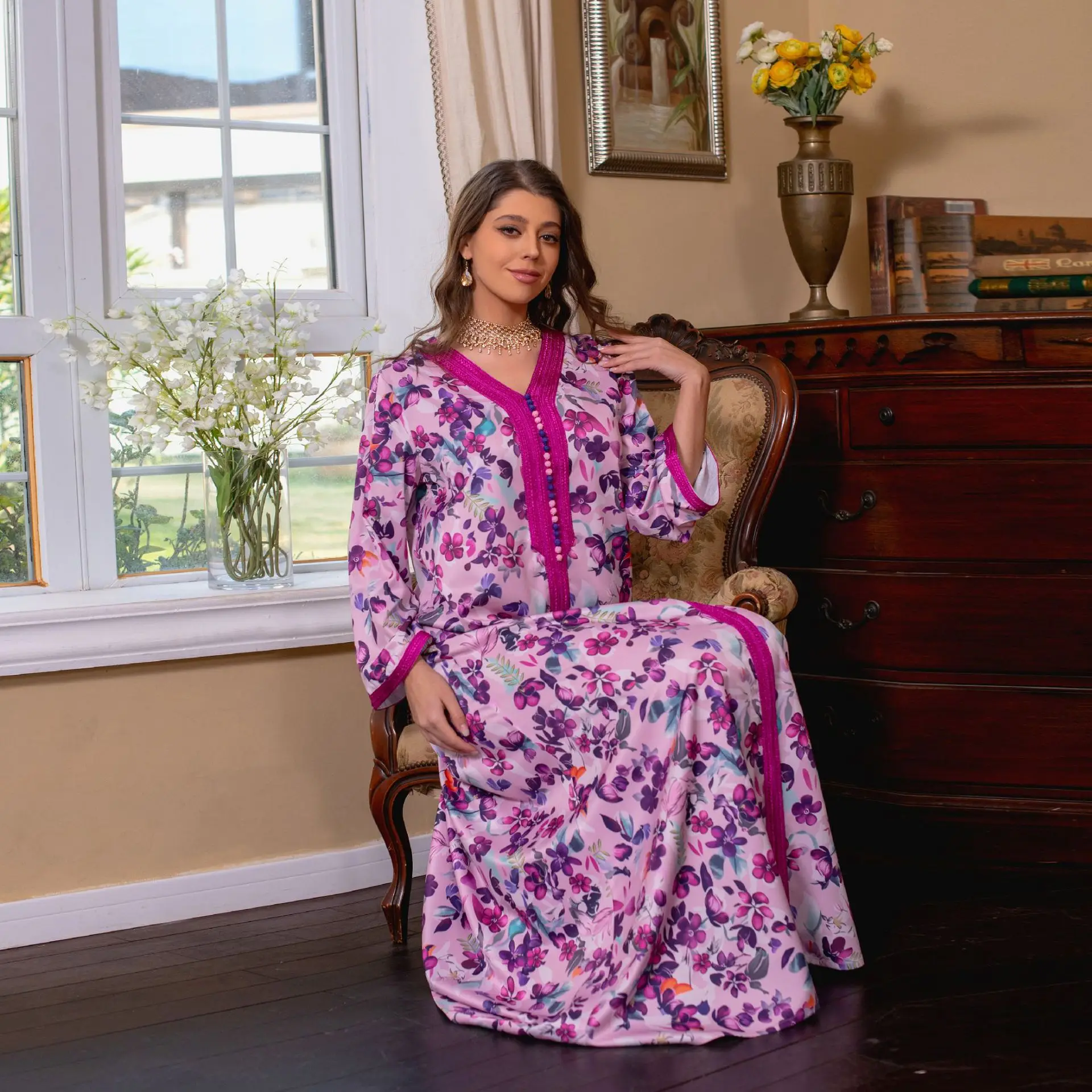 Dubai Turkey 2023 Spring Abaya Women's Fashion Rose Purple Dress Middle East Printed Muslim Women Clothing Over Size