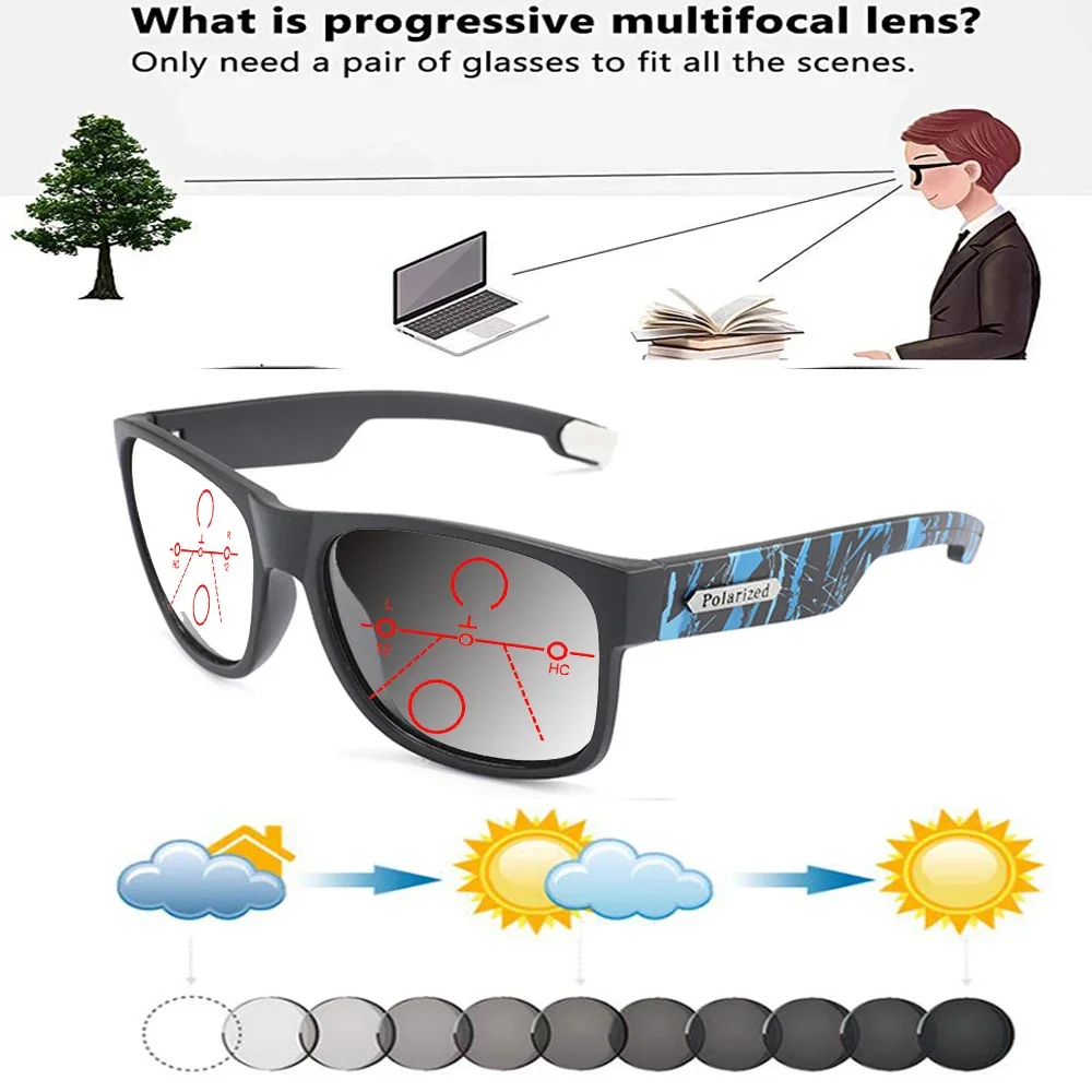 

Очки для чтения с голубым принтом ручной работы, квадратная большая оправа, фотохромные серые прогрессивные многофокальные очки для чтения + от 0,75 до + 4
