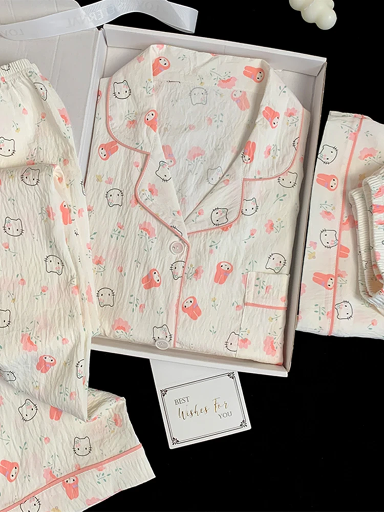 Hellokit Pajamas Women's Summer Cotton Gauze Short-Sleeved Cartoon Cute Melody Three-Piece Homewear |