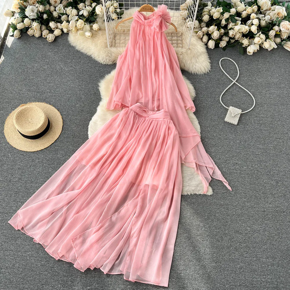 

Summer Women's Two Piece Set Lace Hang Neck Sleeveless Tie Flowers Pleated Flods Tops+High Waist Wide pleated A-Line Pink skirt