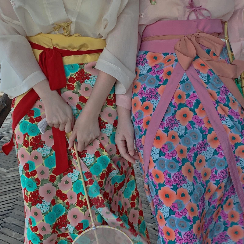 

Chinese Style Han Element Women's Long Skirts One Piece Floral Prints Summer Dress Beach Skirt Cosplay Costume Hanfu