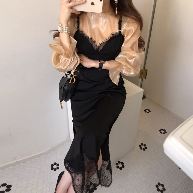 

Autumn Winter Women Two Piece Set Outfits Long Sleeve Blouses and High Waist Spaghetti Strap Long Dress Elegant 2 Piece Set