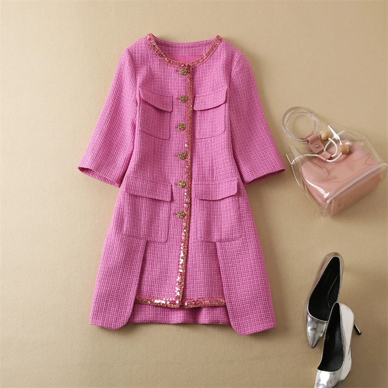 Top Quality Wool Dress 2022 Autumn Winter Style Women Sequined Beading Button Pocket Patchwork Sweet Pink Wool Blend Dress Warm