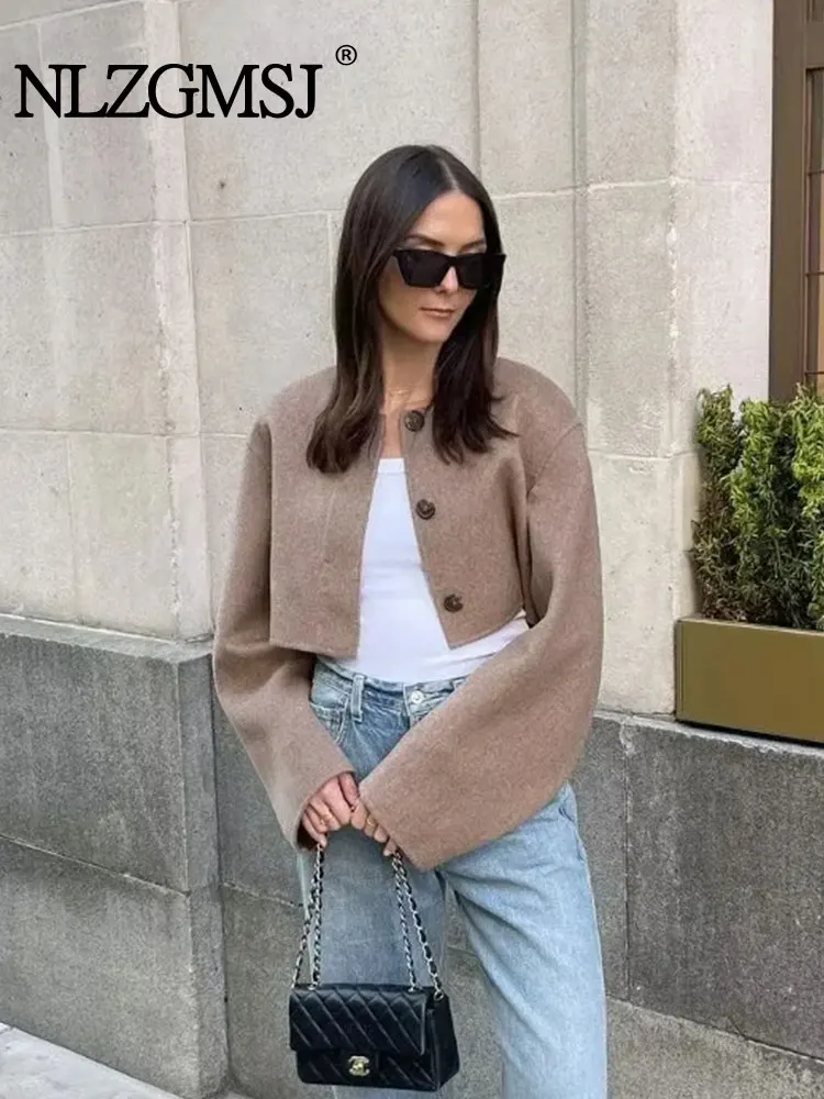 

Женское шерстяное пальто на пуговицах, с круглым вырезом и длинным рукавом