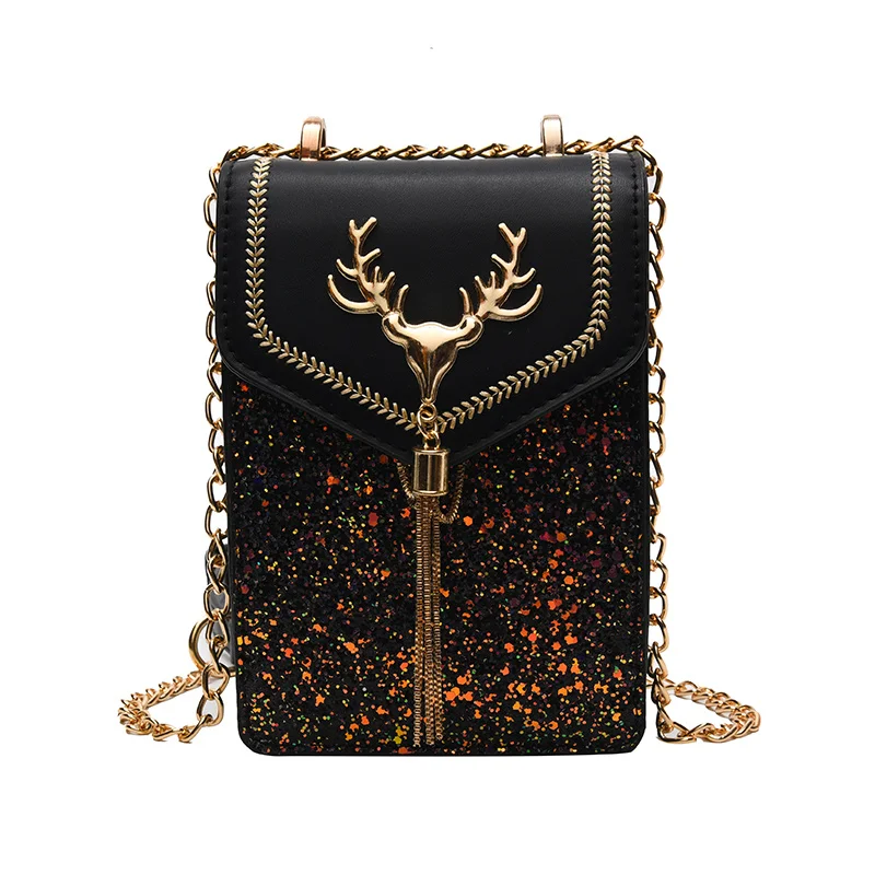 

Female messenger bag ladies small cell phone sling bags bright design bling fashion mini crossbody bag vintage antlers tassel