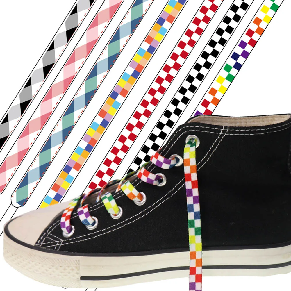 

1Pair Flat Black And White Grid Shoe Lace Printing Checkered Ribbons Shoelaces Polyester Heavy Duty Sneaker Lacing