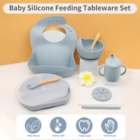 7pcsset baby silicone dining plate with sucker bowl sippy cup bibs spoon bpa free children feeding tableware baby dishes