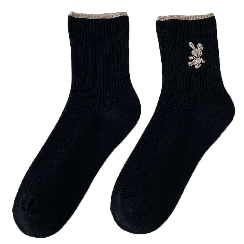5 Pieces of Women's Socks New Fashion Cute Cotton Breathable Socks Japanese Cute Rabbit Embroidery Casual Girls Sweet Quality