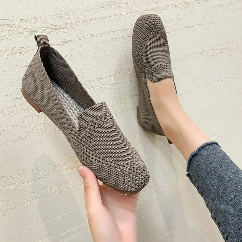 Fashion Woven Single Shoe Woman Spring 2023 Tennis Shoes Flat Bottom Square Toe Casual Loafers Knitting Soft Sole Casual Shoes