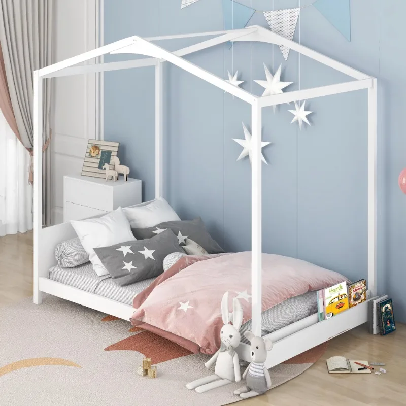 

EUROCO Wood Twin Size House Bed with Roof for Kids, White