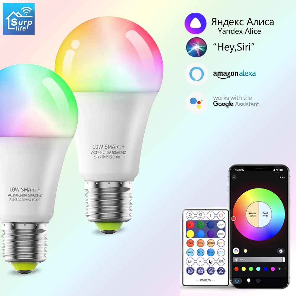 Умсветодиодный светодиодная RGB лампа E27 с Wi-Fi, точесветильник светильник, цветная лампа с приложением и голосовым управлением, с Alexa Яндекс, 220 В светильник лампа для декора гостиной