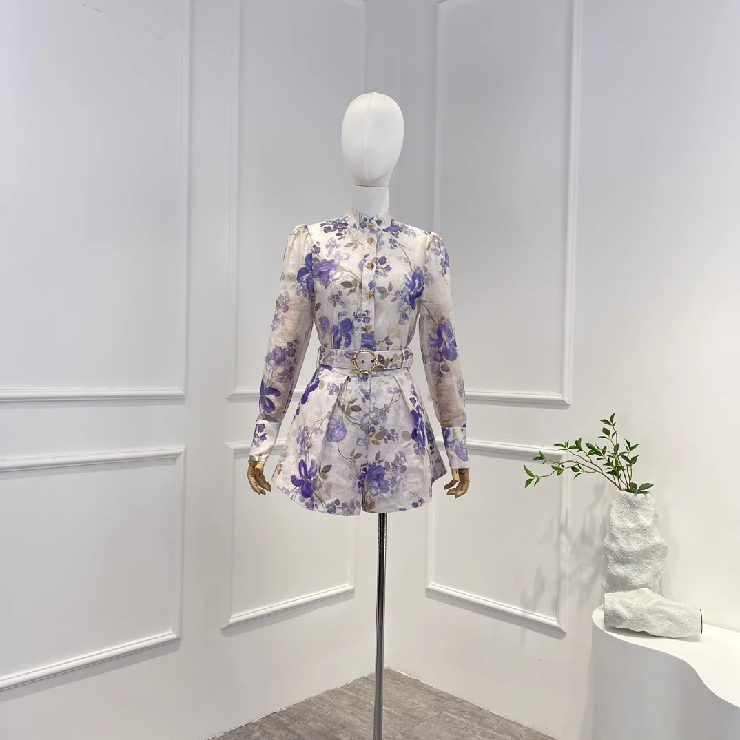 

High Quality Summer New 2023 Casual Style Purple Floral Printed Blouse and Linen Shorts with Belt Women Set