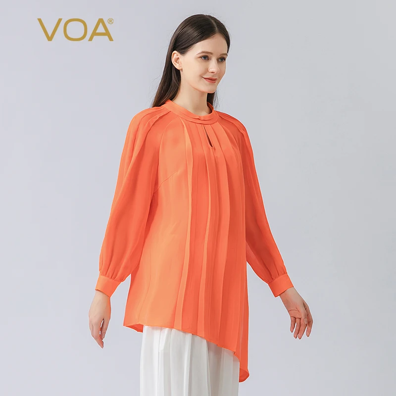 

VOA Elegant Bow Half High Collar Long Sleeves Office Ladies Silk Tops Asymmetrical Hem Long Loose Woman Tshirts Autumn New BE897