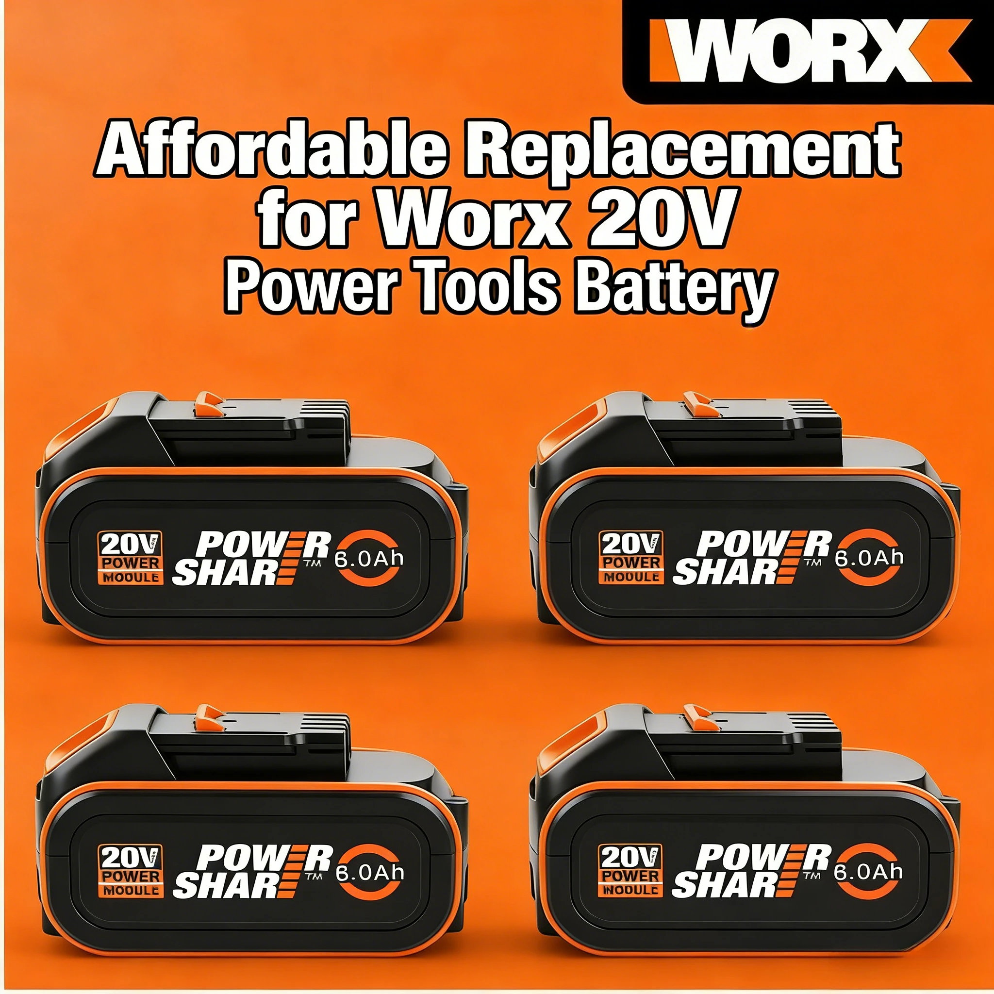Фото Литиевая батарея Worx 20V 6.0Ah (6000 мАч) с длительным сроком службы, совместима с моделями WA3553, WA3551, WU800, WX372 для беспроводных инструментов. №3